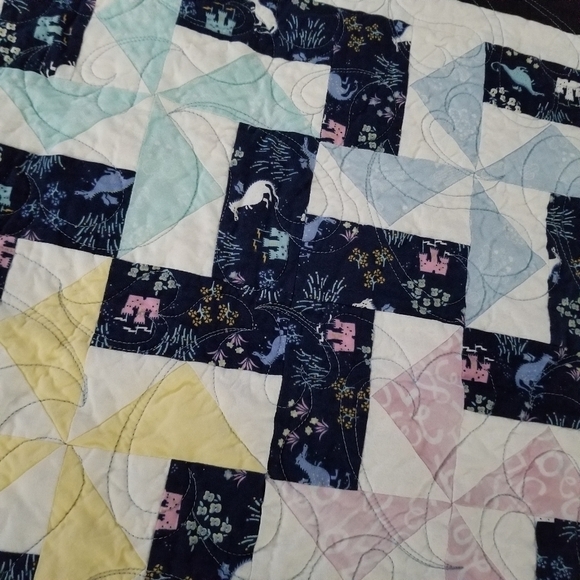 Wall Quilt 38" Square Dragons Castles Pinwheel Pink Blue Floral Hearts Baby Room - Picture 5 of 11